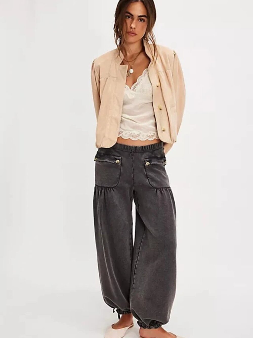 Free People FP One Arden Knit Pants Pull On Mid Rise Black Pocket XS